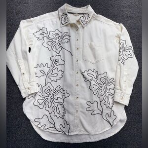 Pilcro White Button-Up Shirt with Black Floral Outline